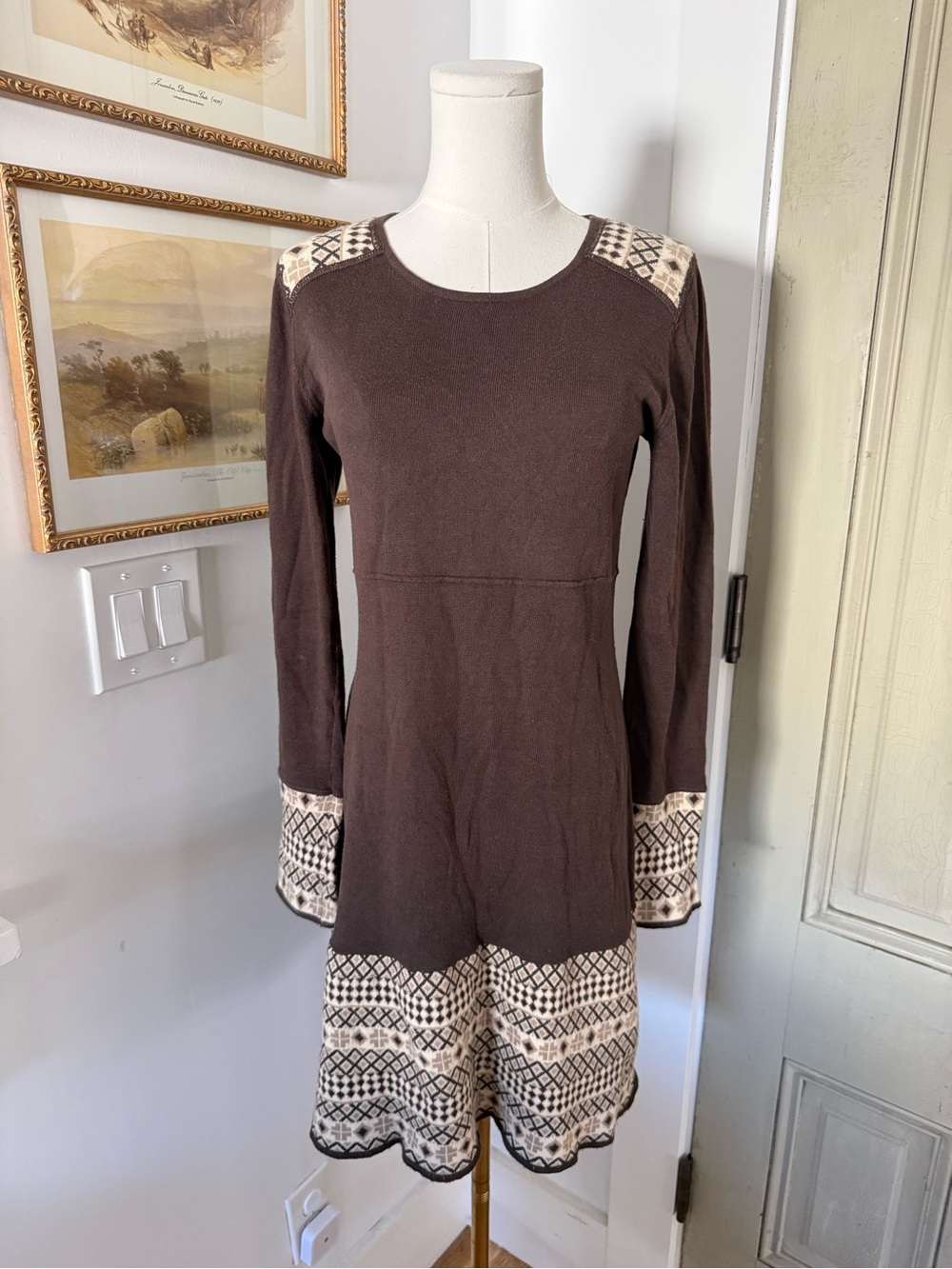 Prana Brown Knit Long-Sleeve Patterned Dress - Picture 2 of 6